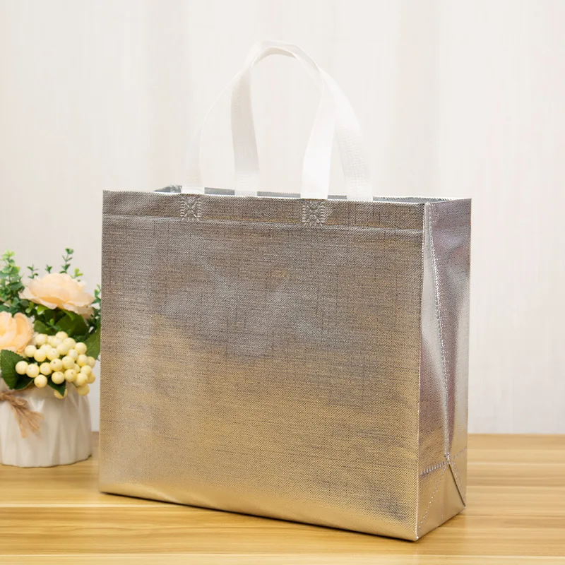 Bolsas de compras no tejidas, bolso de compras reutilizable con láser brillante, bolso de mano con asa, bolsa de regalo con purpurina, paquete de