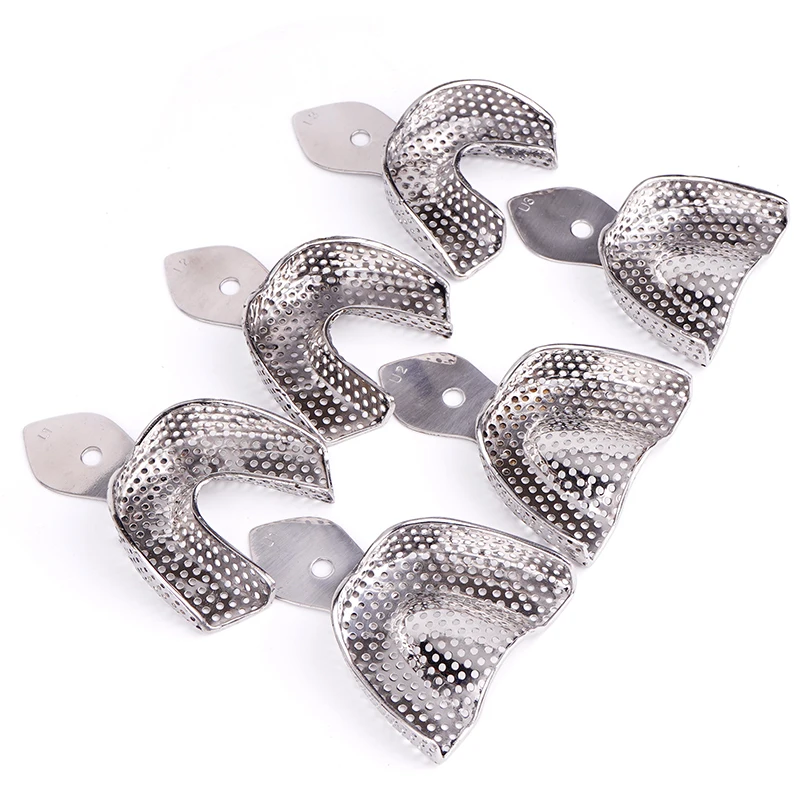 2pcs Dental Impression Tray with Hole  Stainless Steel Autoclavable Upper Lower Teeth Holder Perforated Plaster Mold Tray