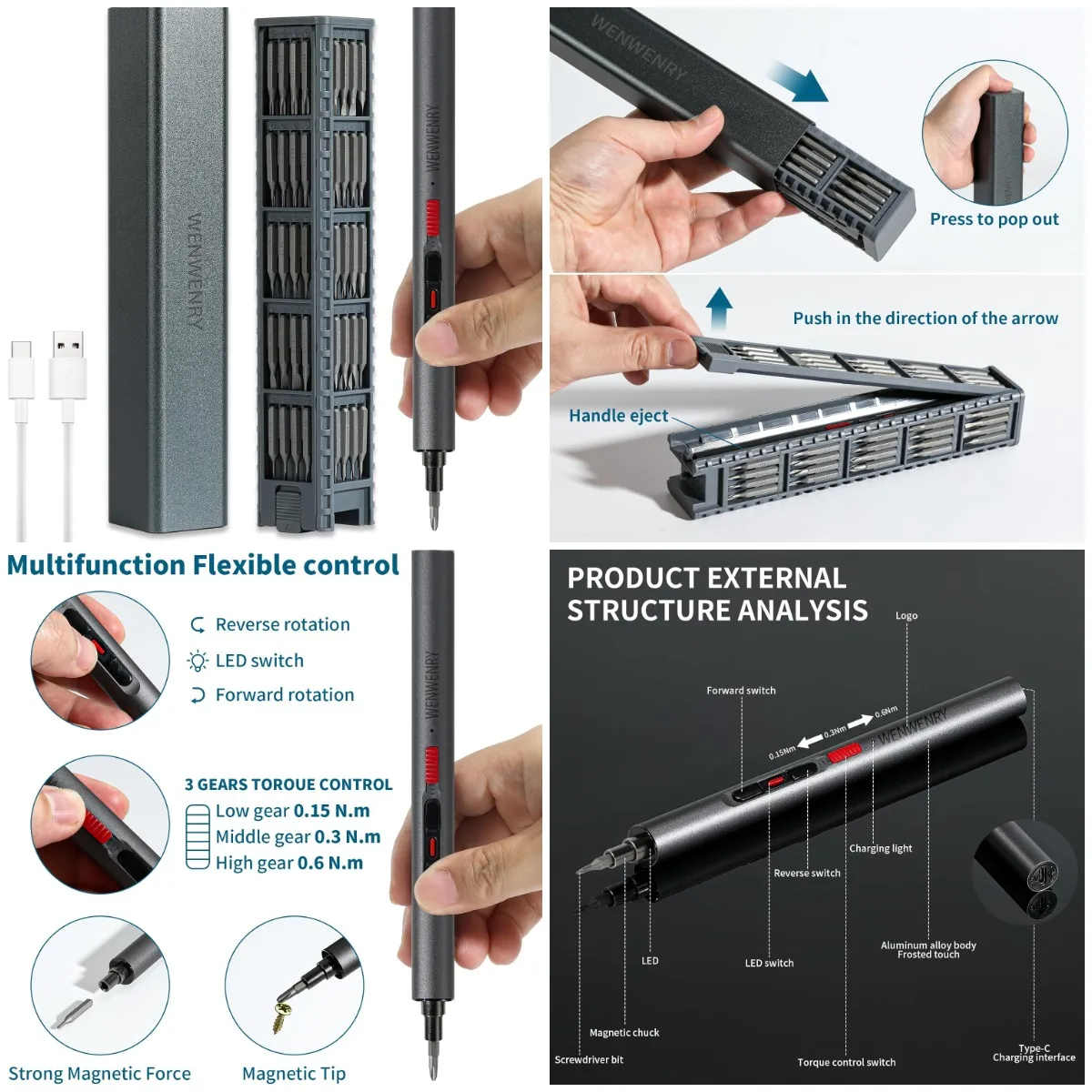 

Mini Electric Screwdriver Set, 72-in-1 Magnetic Bits, 3-Speed Torque, 3LED Light, Overload Protection