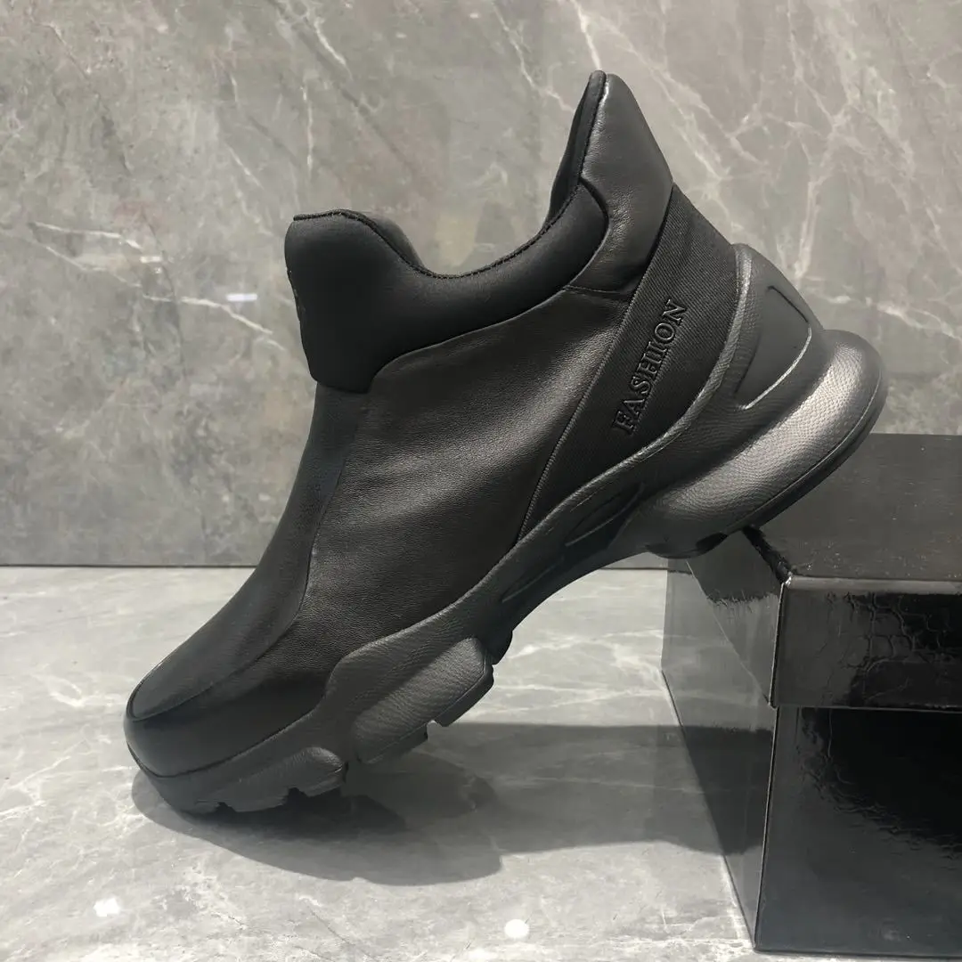 

Brand Men Casual Shoes Genuine Leather Flats Solid Slip On Platforrm Shoes For Man's Boots Add Fleece Vintage Luxury Designers