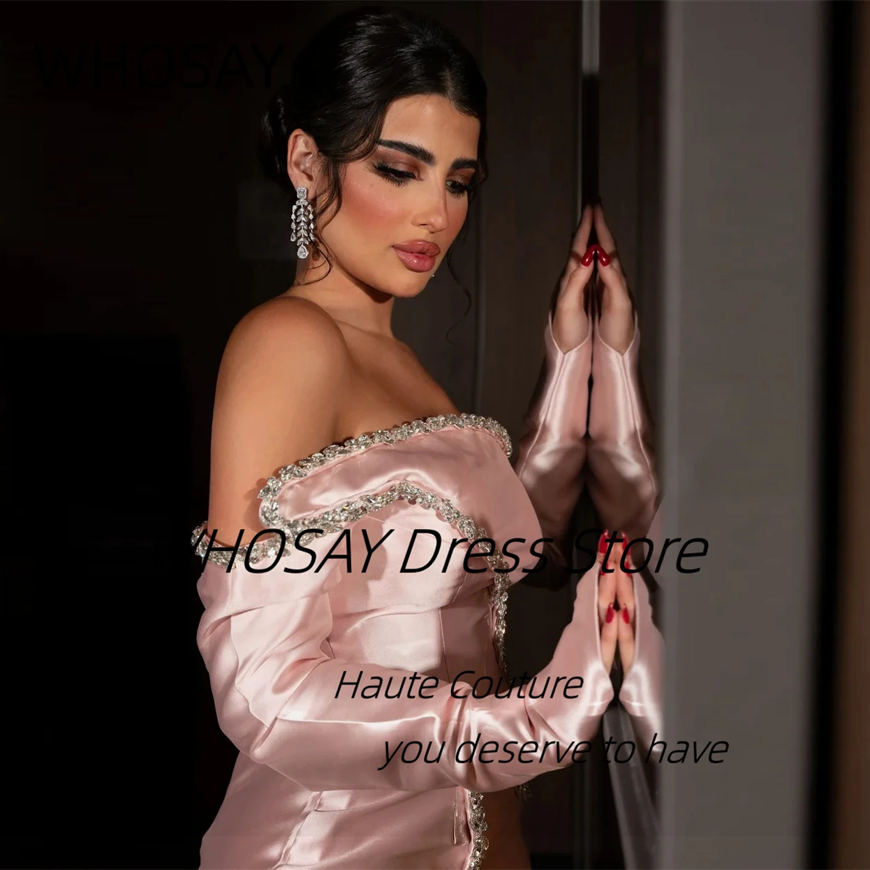 WHOSAY Abendkleid Handmade Crystals Mermaid Prom Dresses Long Sleeves Formal Occasion Dress Side Slit Evening Gowns Customized