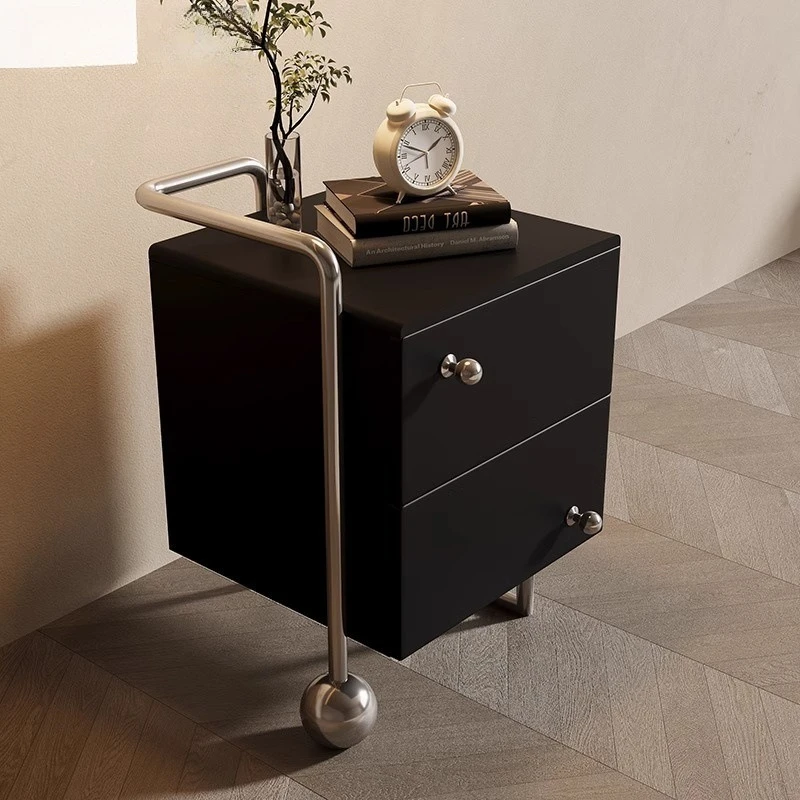

Medieval stainless steel drawer bedside table Bauhaus black creative locker master bedroom solid wood paint bed