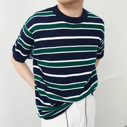 New Short Sleeve Knit Striped T-shirts For Men Casual Cotton Base Shirt 2024 Summer Oversized Y2K Tee Tops Streetwear Clothes