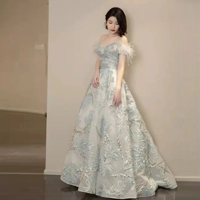 Light Blue One Shoulder Evening Dress 2025 New Spring Host Style Performance Vocal Art Exam Dress Annual Meeting Dress