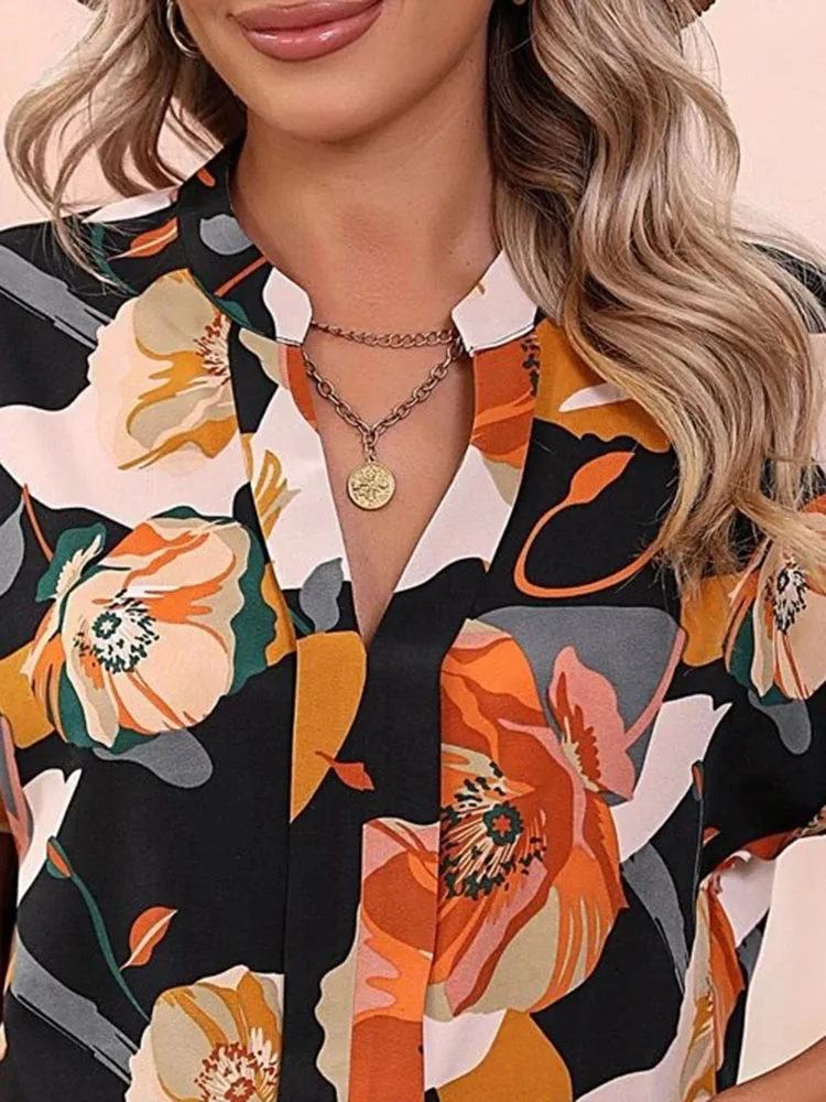 Women\'s Blouse New Fashion Painted Flower Print V-neck Short Sleeved Women Tops Lady Flower Print Pullover  Summer Shirts Femme