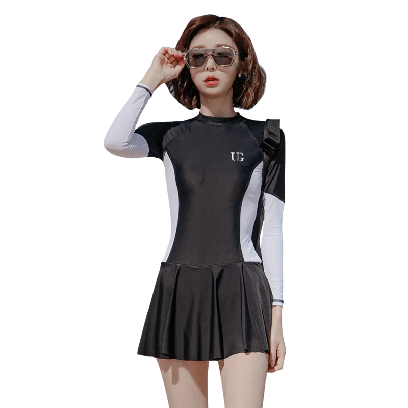 Wisuwore South Korean Long Sleeved Swimwear Women's Fashion Dress Style One Piece Flat Corner Sun Protection Student Swimwear