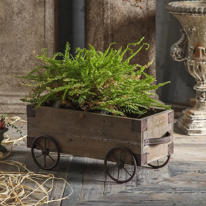

Outdoor flower pot garden solid wood trolley handicraft store decoration ornament retro flower stand