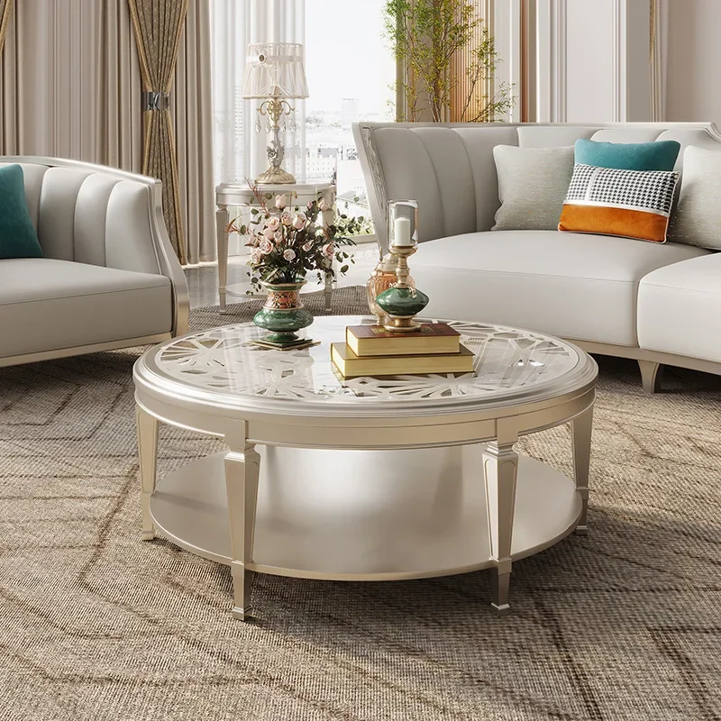 Light luxury coffee table American round modern simple small apartment tempered glass  round table solid wood