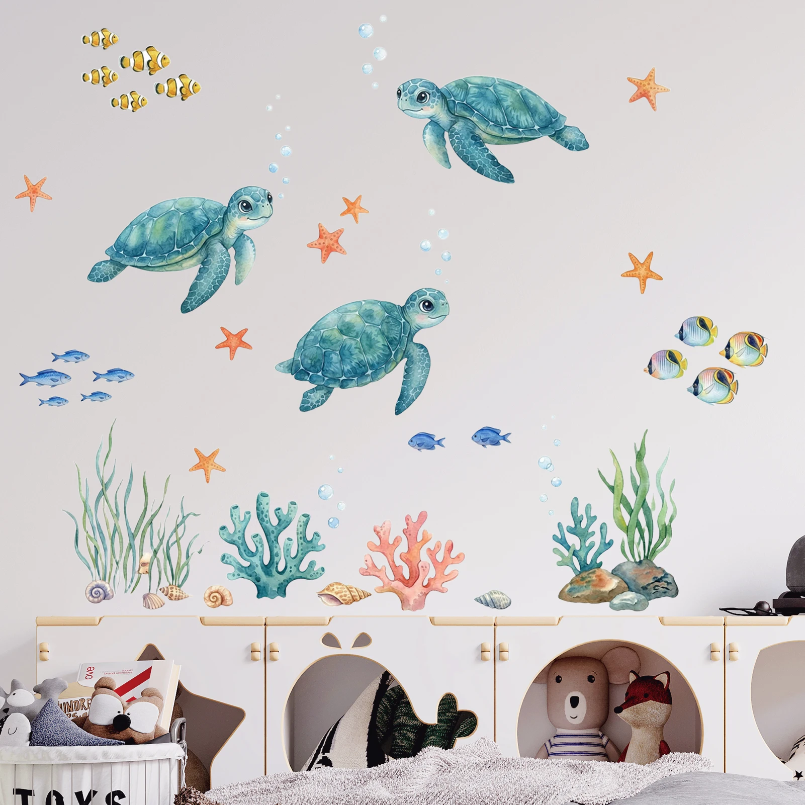 Underwater Turtle Wall Sticker, Watercolor Sea Turtles with Fish, Starfish & Coral Reef Vinyl Wall Decal for Home Decor