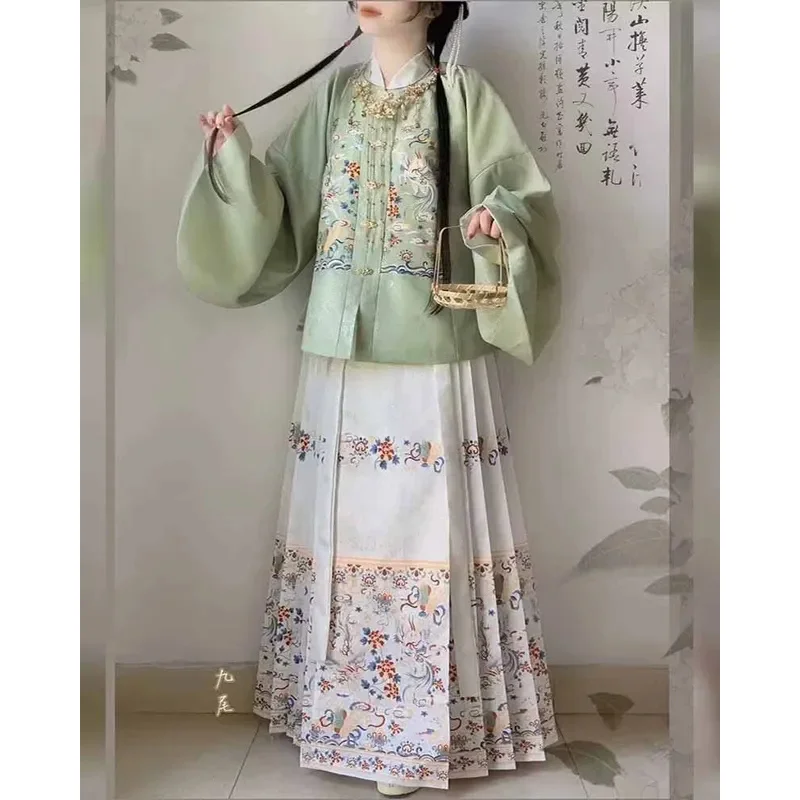 Plus Size 10XL 2pcs Sets Hanfu Horse Face Skirt Women Oversized Daily Chinese Vintage Hanfu Green Shirt+Skirt Christmas Sets