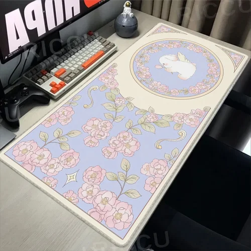 Alfombrilla de ratón con diseño de plantas verdes para ordenador, alfombrilla de goma Natural HD para oficina, alfombrilla Kawaii para Gaming, Estética de flores y conejos, XXL