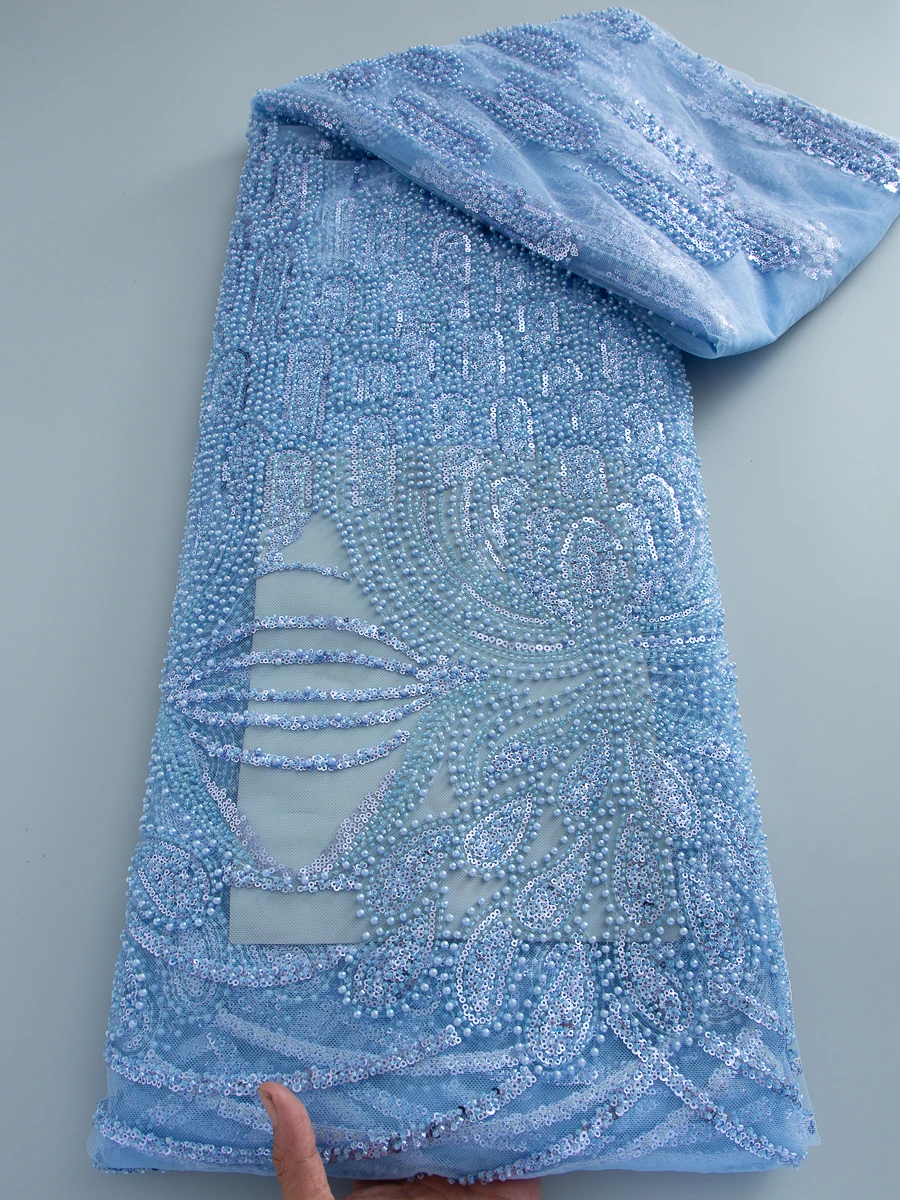 

Blue High Quality African Sequins Lace Fabric 2026 Handmade Beaded 5 Yards Nigerian Embroidery for Bridal Dress Sewing Material