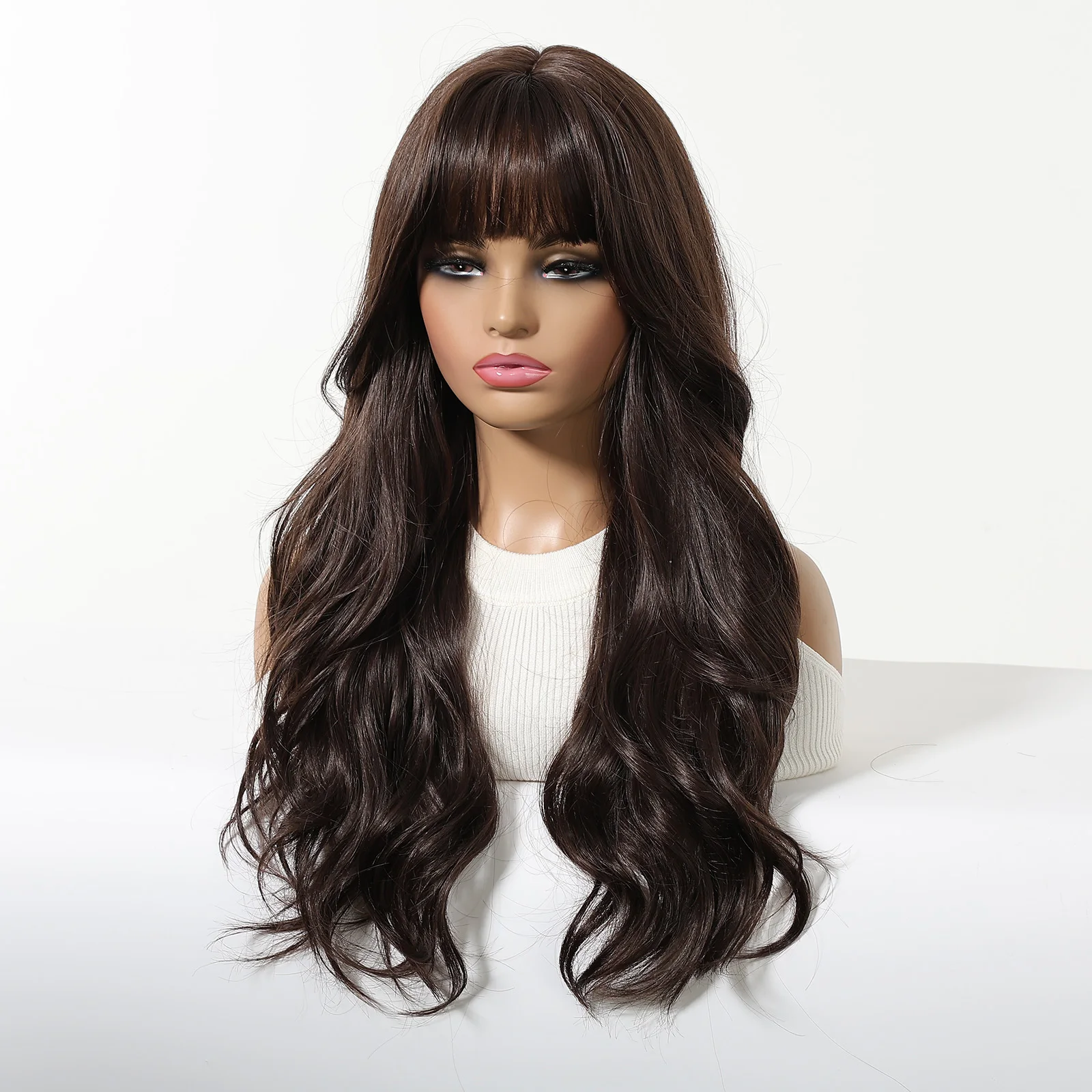 Allbell Magique Dark Brown Wigs With Bangs For Women Fashion Long Wavy Synthetic Wigs Curly Wig Christmas Use Heat Resistant