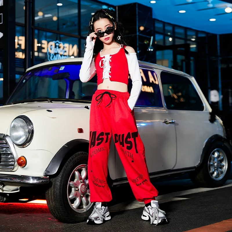 

2023 Ballroom Hip Hop Dance Costumes For Kids Red Kpop Clothing Girls Group Jazz Dance Performance Show Stage Clothes DQS14887