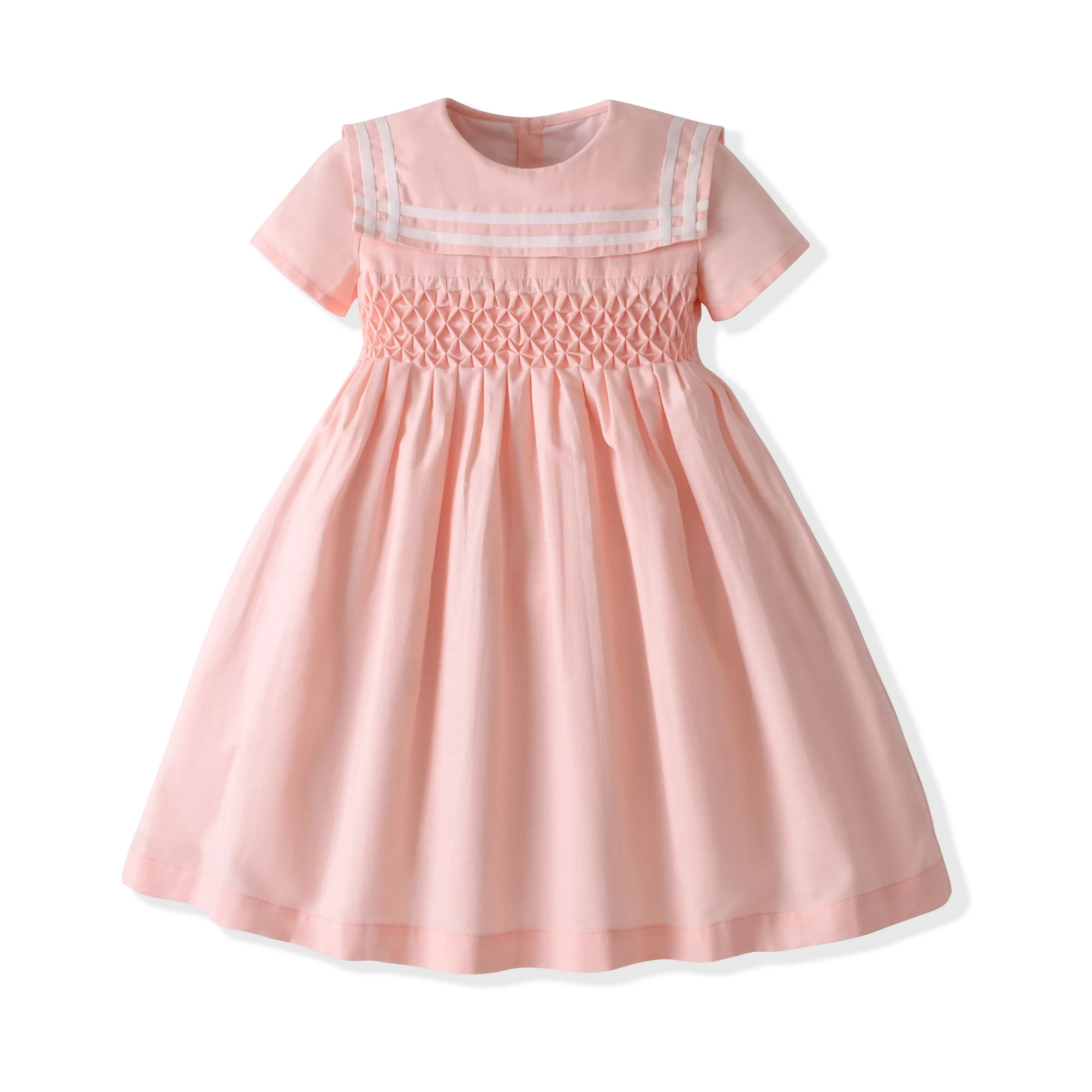 Children Dress Linen Honeycomb Hand Smocking Design Short Sleeves Kids Girls Dresses Exquisite Girl Clothing For Birthday Party