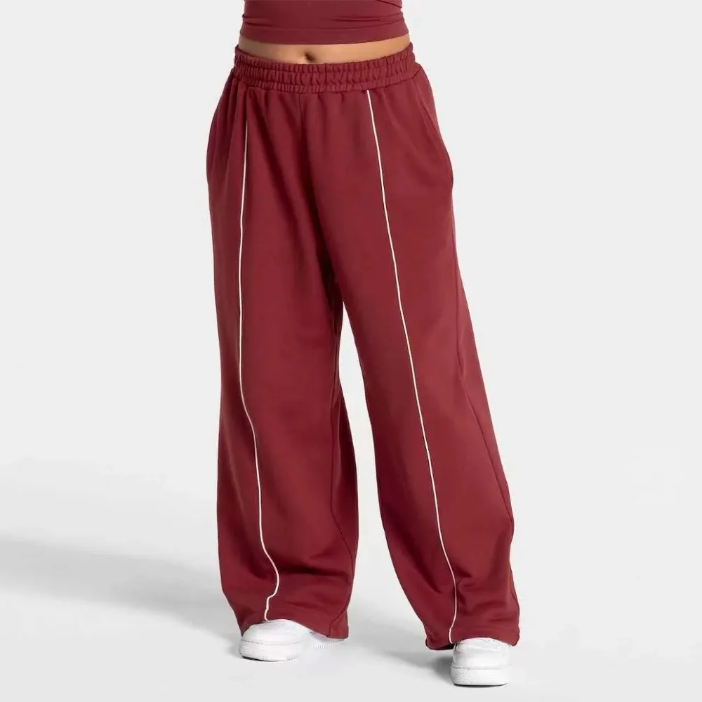 Women Cotton Running Gym Pants High Waist with Pocket Contrastline Wide Leg Joggers Mid Waist Drawstring Casual Loose Sport Pant