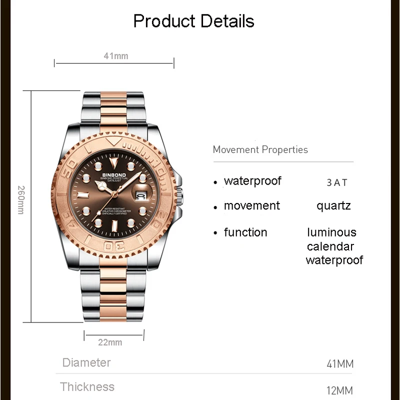 Binbond 930 moda rosa ouro relógio de quartzo masculino luz noturna calendário à prova dwaterproof água esportes masculino cinto de aço relógio de quartzo