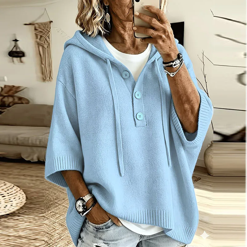 Women Loose Half Sleeve Knit Hoodie Tops Autumn New V Neck Button Drawstring Hooded Sweater Casual Oversized Pullover Streetwear