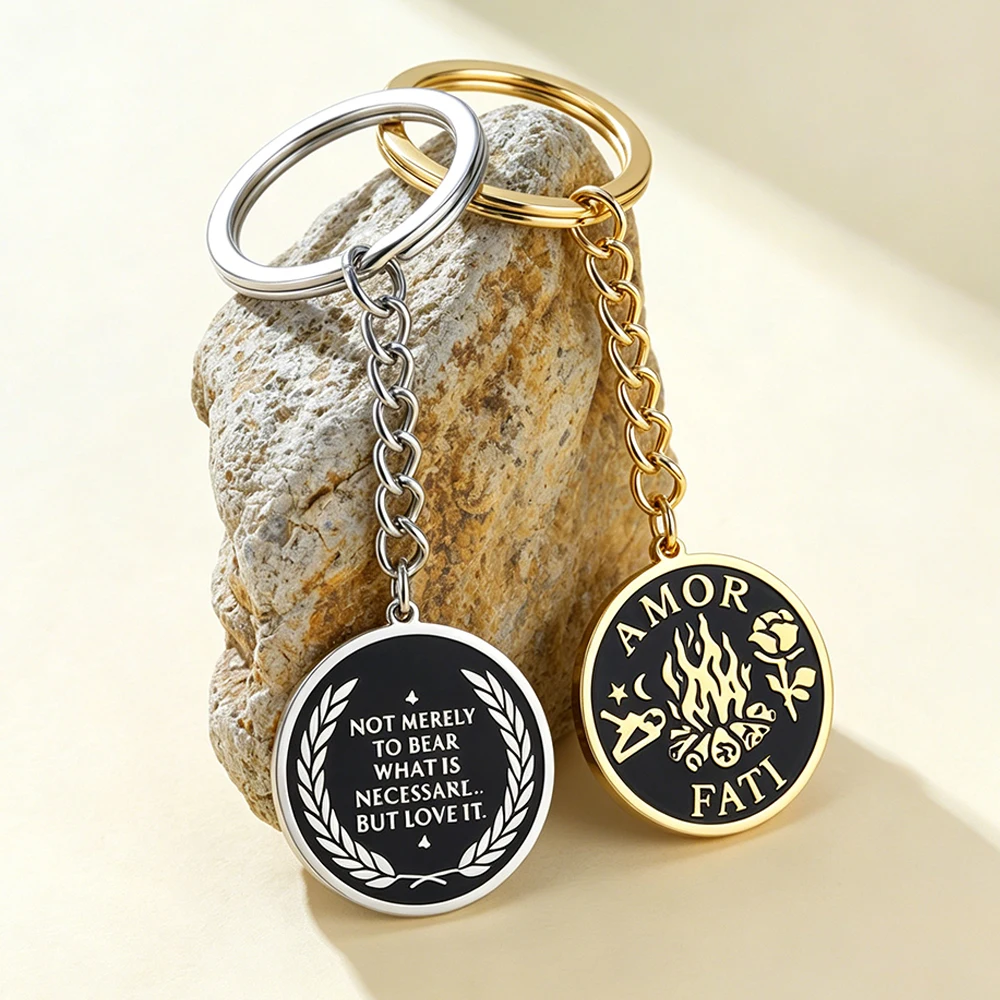 Amor Fati Keychains Stoic Quote Stoicism Inspirational Key Ring for Women Men Amulet Enamel Keyring Stainless Steel Jewelry