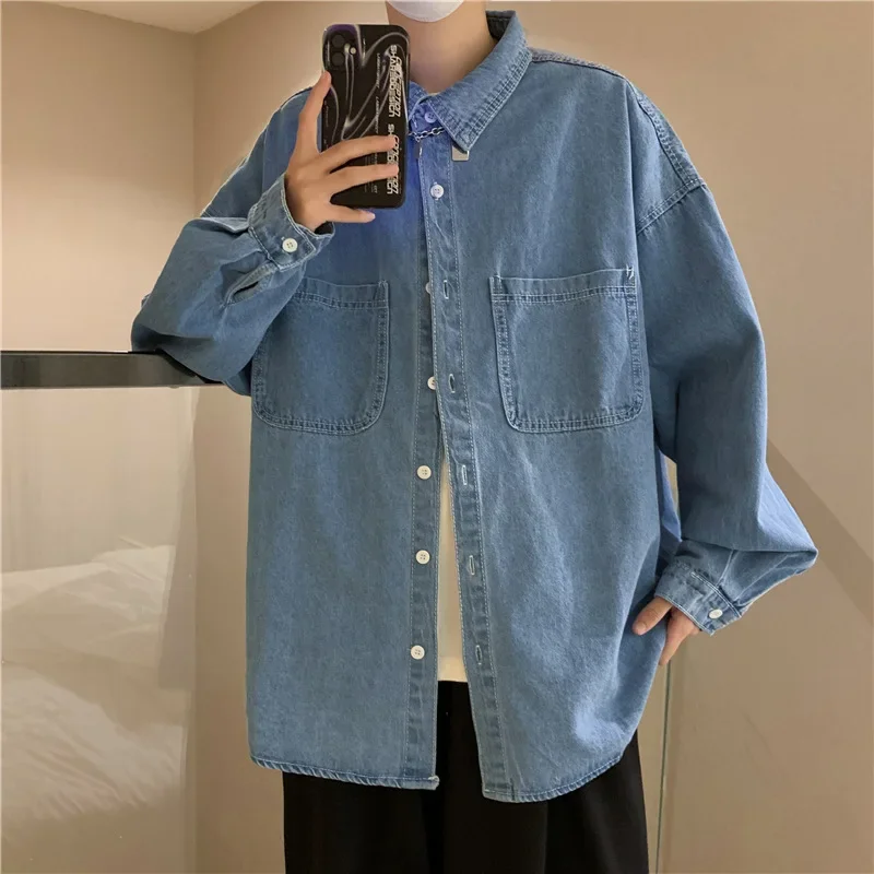 

Men Casual Shirt Long Sleeve Single Breasted Denim Shirts Loose Solid Spliced Turn Down Collar Blouses Pockets Streetwear Shirts