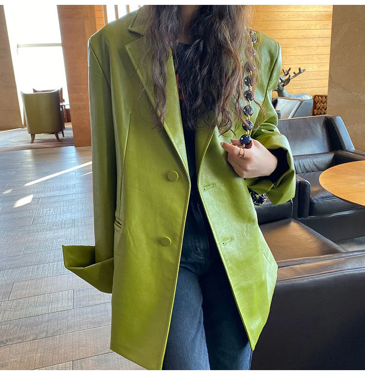 

Autumn Avocado Green Oversized PU Leather Blazer Long Sleeve Lapel Single Breasted Loose Korean Fashion Y2K Jacket 2024