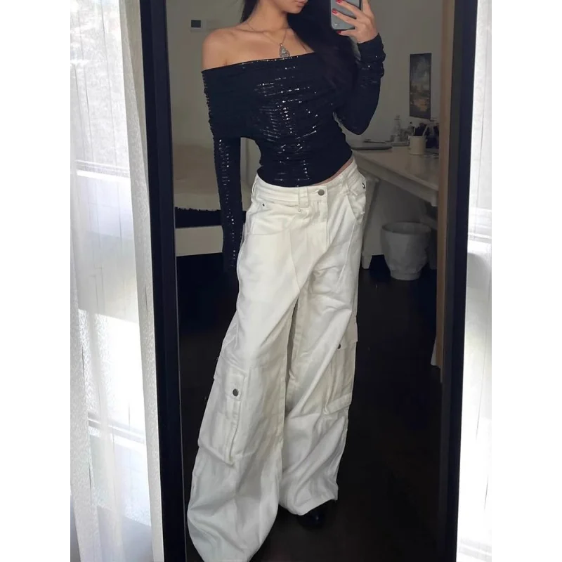 Design Sense Niche White Denim Cargo Pants Women Lazy Style Spring Autumn New American Loose Wide Leg Long Pants