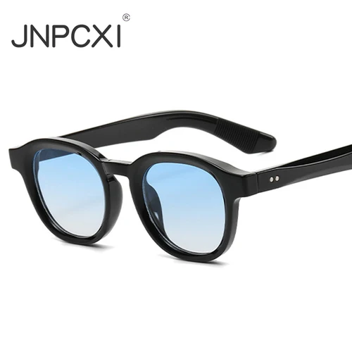JNPCXI Retro remaches polarizados hombres gafas de sol redondas moda negro azul tendencia tonos UV400 mujeres marco transparente