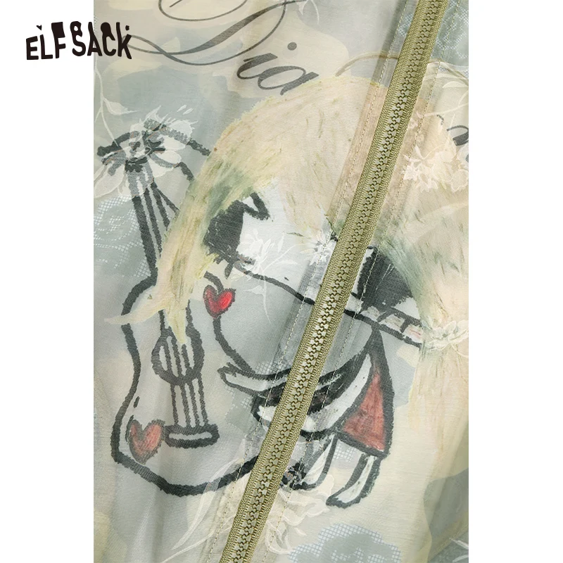 ELFSACK 2025 Summer New Arrival Cool Original Printed Camouflage Thin Sheer Jacket Sweet Cool Casual Top For Woman