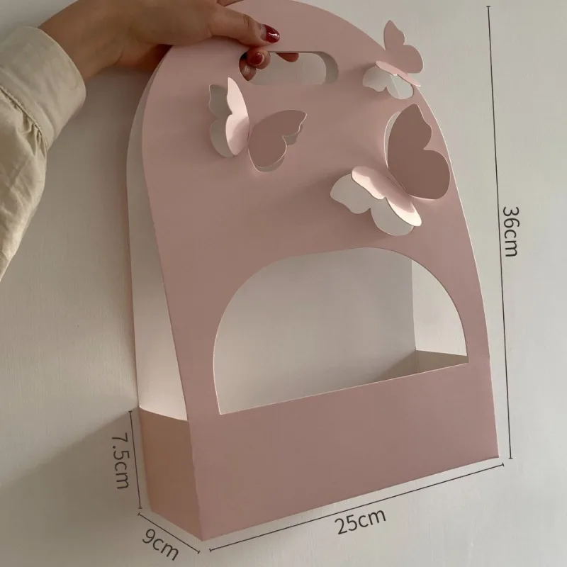 

10pcs Handheld Paper Flower Basket Butterfly Handle Gift Box Fresh Flower Bag For Mother's Day Rose Flower Packaging Box