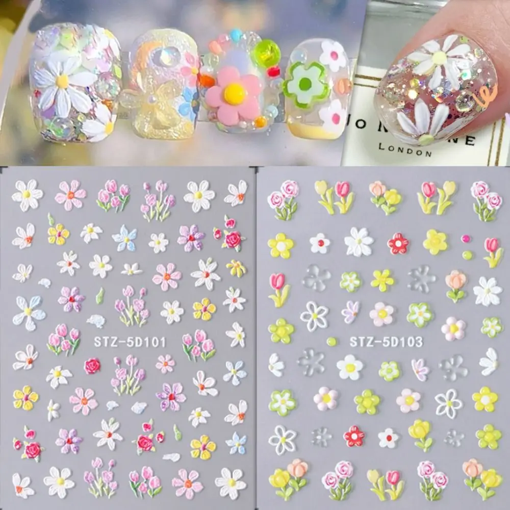 Pegatinas de pétalos 5D para uñas, calcomanías adhesivas de flores coloridas en relieve, dijes elegantes franceses grabados, decoración de Arte de uñas DIY, nuevo