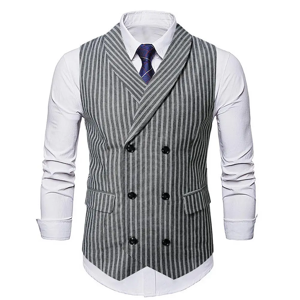

ay Stripe Double-Breasted Suit Vest Slim Fit Briti Sle Disco Nightclub Bar Muscle Men's Vest Casual Teenage Faion