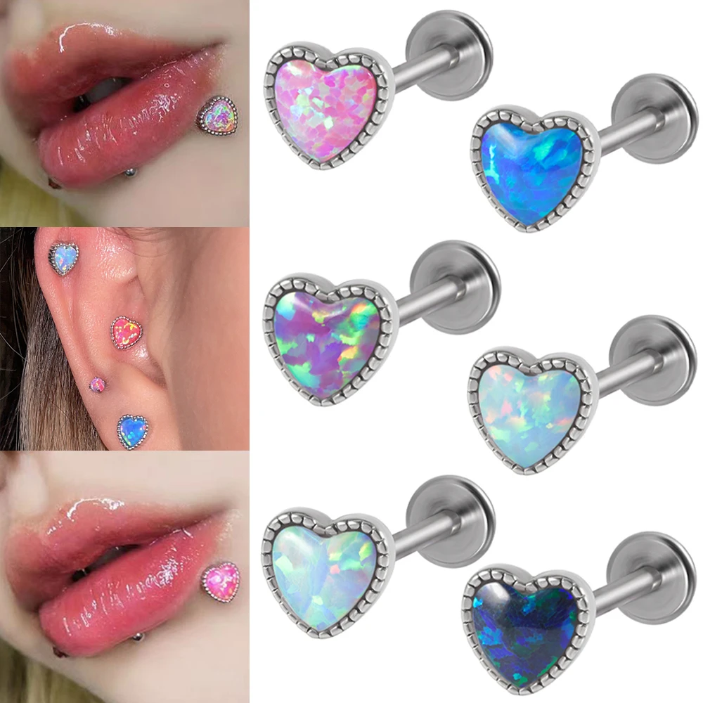 

1PC Stainless Steel Labret Piercing Jewelry Heart Shape Opal Labret Lip Ring Ear Cartilage Tragus 16G Helix Piercing Jewelry