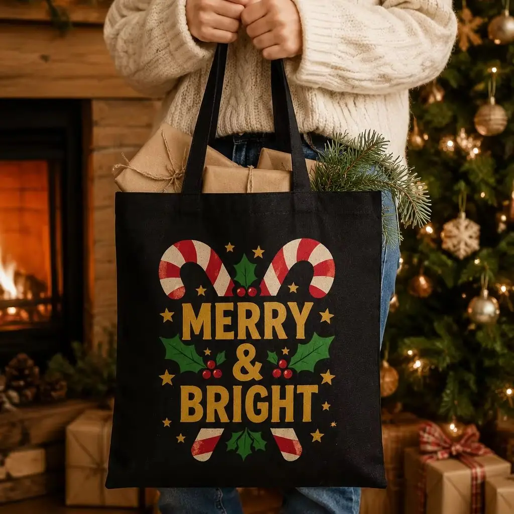 Christmas 10PS Canvas Bag Christmas Candy Cane Custom Name Logo Text Large Shopping Gift Handbag For Women Friends Holiday Gift