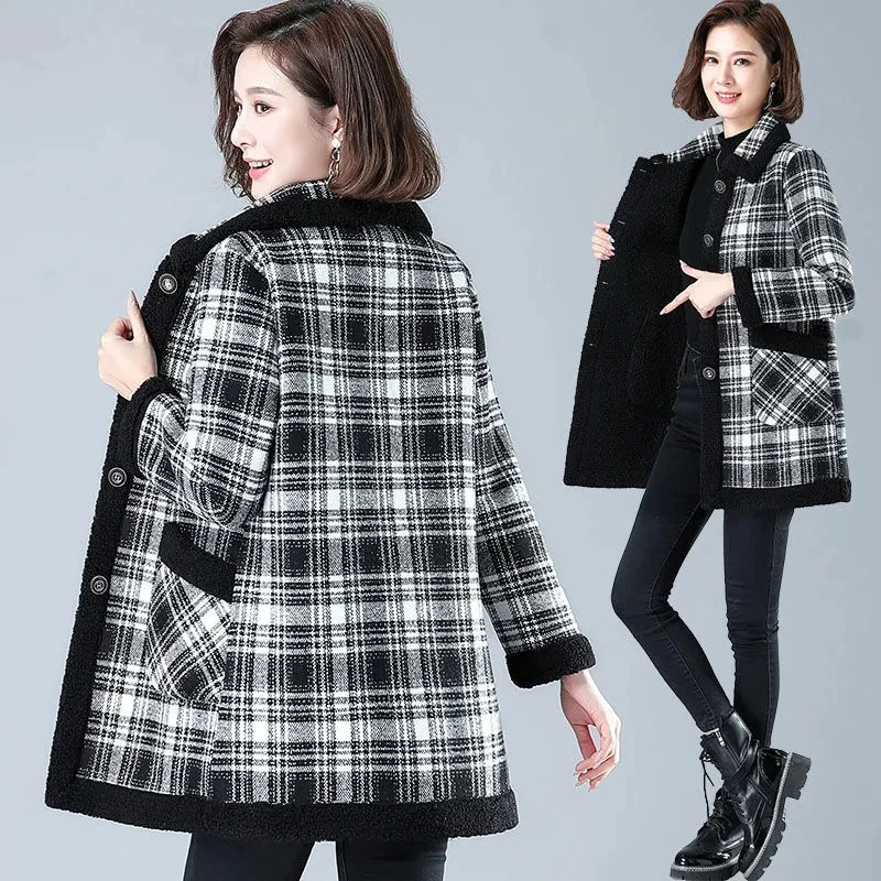 

2023 Autumn Winter New Women's Jacket Lamb Fleece Coat Thick Long Parka Women's Clothing Oversized Plaid Outerwear Female