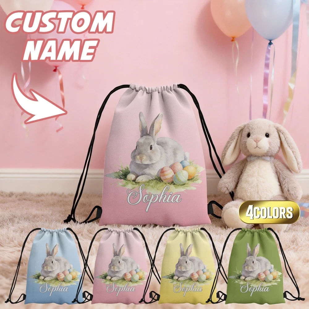 1Pc Custom Name/Text Easter Bunny Design Drawstring Bag,Multi-Color Drawstring Backpack for Playdates, Egg Hunts & School Events