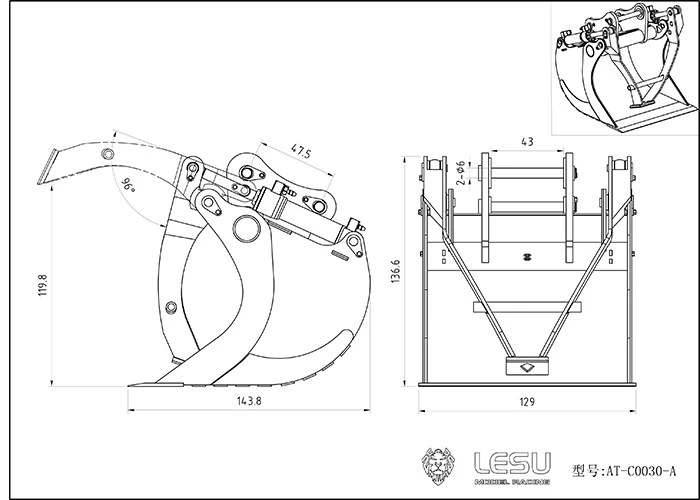 Metall-Greifkorb für 1/14 LESU RC Hydraulikbagger Et30H Aoue Et26 Outdoor-Spielzeug TH19605 LKW DIY Zubehör Spielzeug – Detail 1