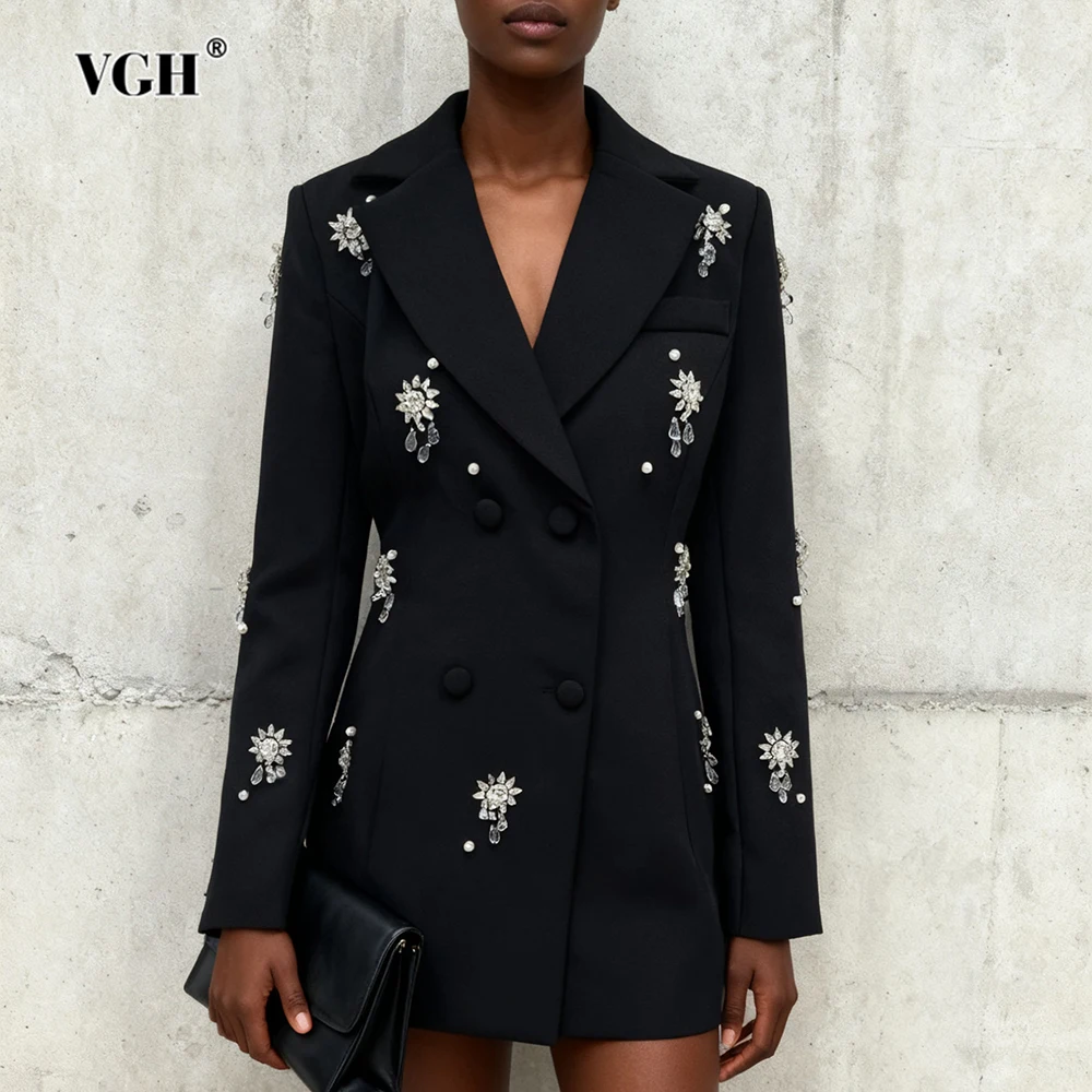 

VGH Design Sense Solid Spliced Diamonds Jackets For Women V Neck Long Sleeve Autumn Temperament Jacket Female Fashion Style New