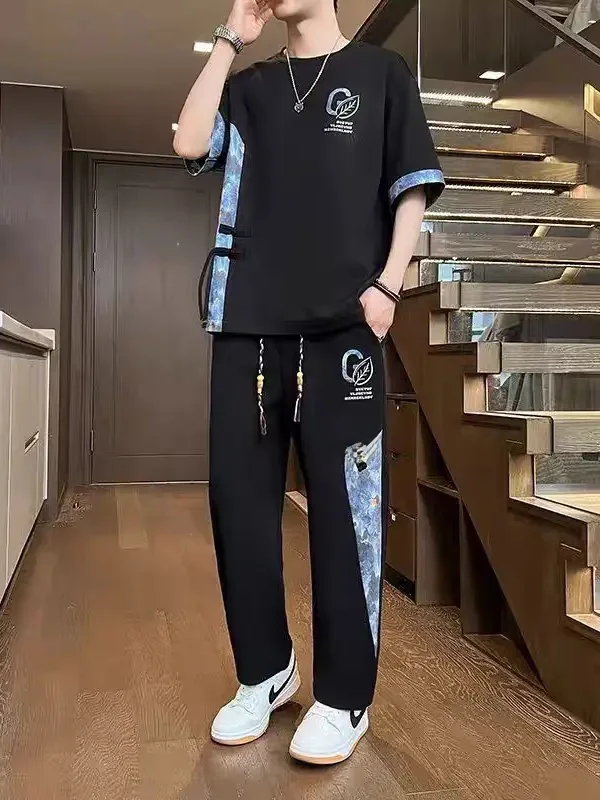 Conjunto esportivo moderno de manga curta para homens, verão, casual, soltinho, plus size, camiseta e calça comprida, conjunt...