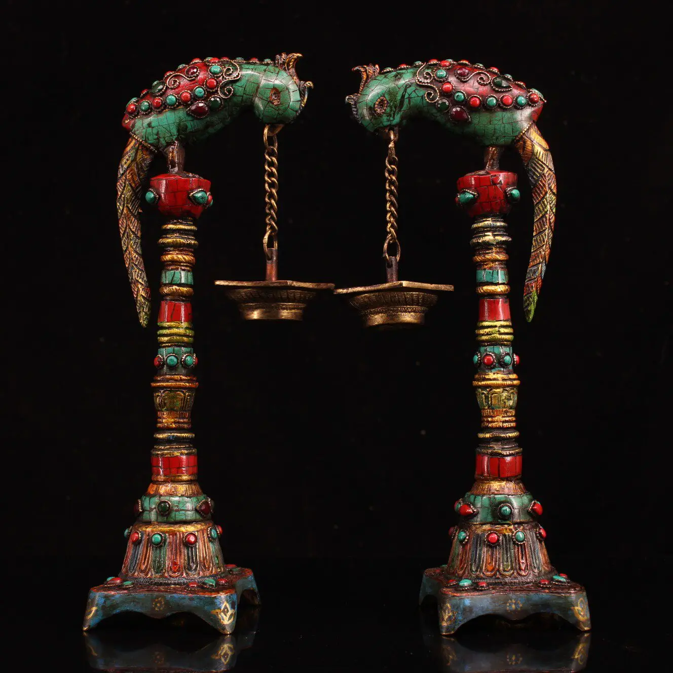 Tibetan Copper Hanging Oil Lamp Pair Gem Inlaid Gold Painted Heavy Patina Antique Home Decor