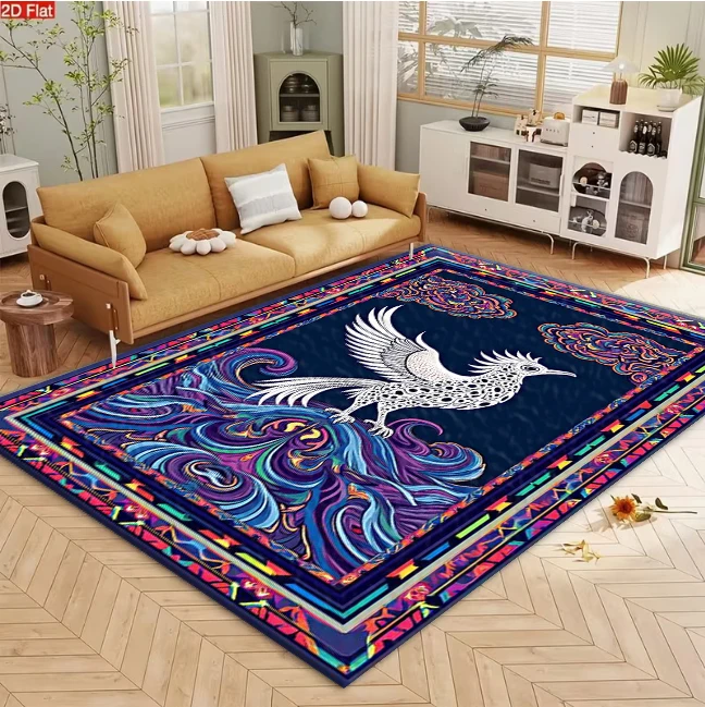 Boho White Mythical Bird Colorful Border Carpet Flooring, Ethnic Art Non-Slip Area Rug for Living Room Bedroom Home Decor