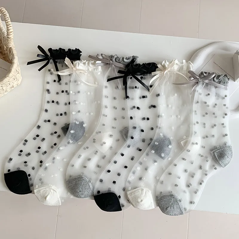 

Polka Dot Crystal Silk Socks Women Summer Ultra-thin Transparent Nylon Long Socks JK Sweet Girls Lolita Kawaii Bow Ruffle Socks