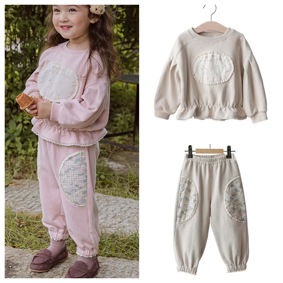 Baby Girl Outfit Set 2024 Autumn Kids Girls Clothes Cute Rabbit Patch Lace Sweater and Pants Children Clothing Set