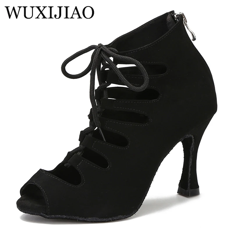 Black Latin Dance Shoes Women Tango Salsa Rumba Ballroom Satin Dance Boots Women Red Sexy Pole Dance Shoes Ladies High Heels