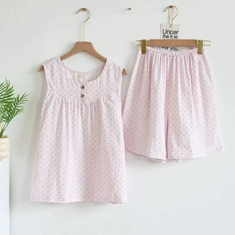 

Хлопковая одежда для сна для женщин, летний тонкий жилет с принтом в горошек, стильные топы с шортами, комплект домашней одежды, пижамы