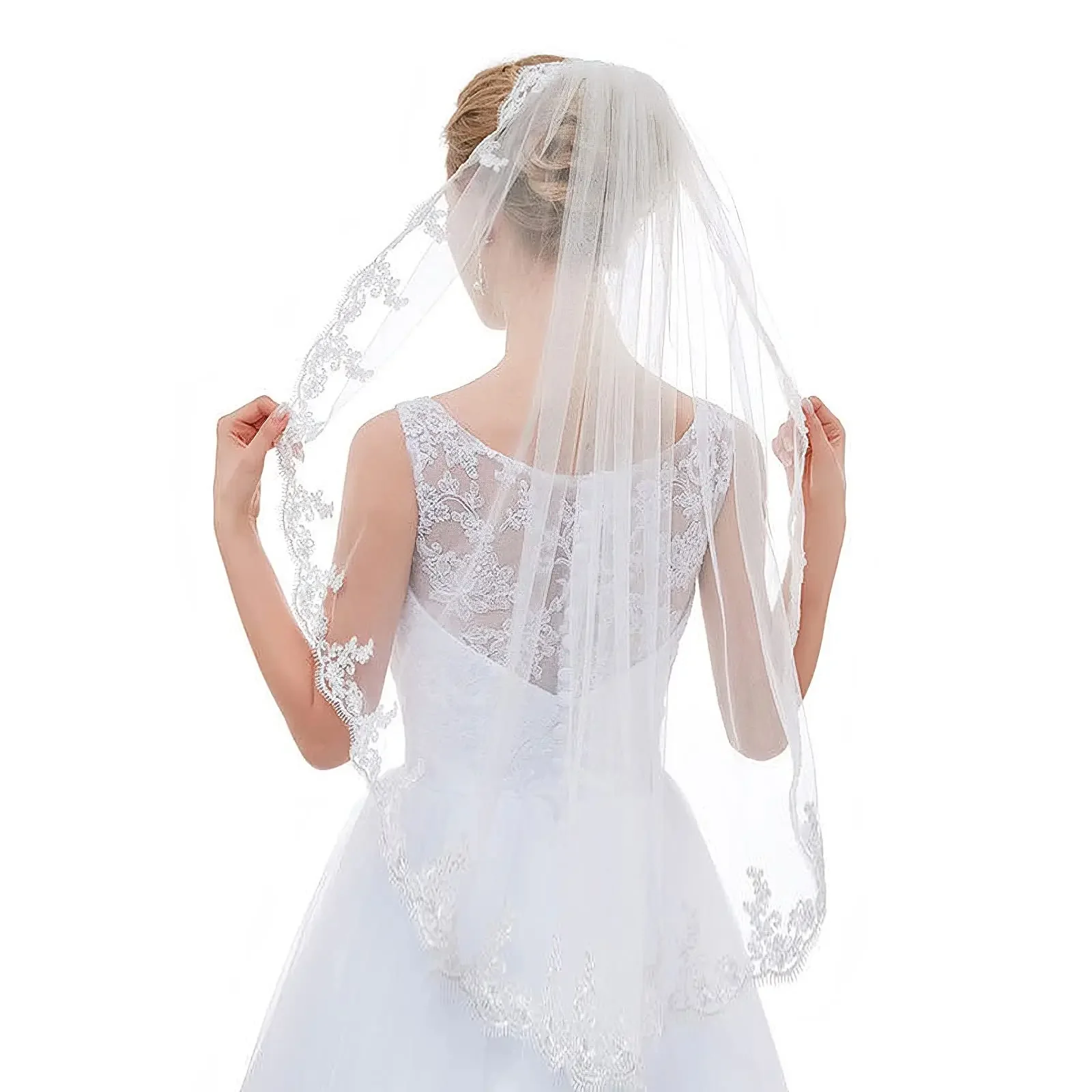 Bridal Veil Fingertip Length 1 Tier Floral Embroider Lace Edge Wedding Veil with Comb 90cm