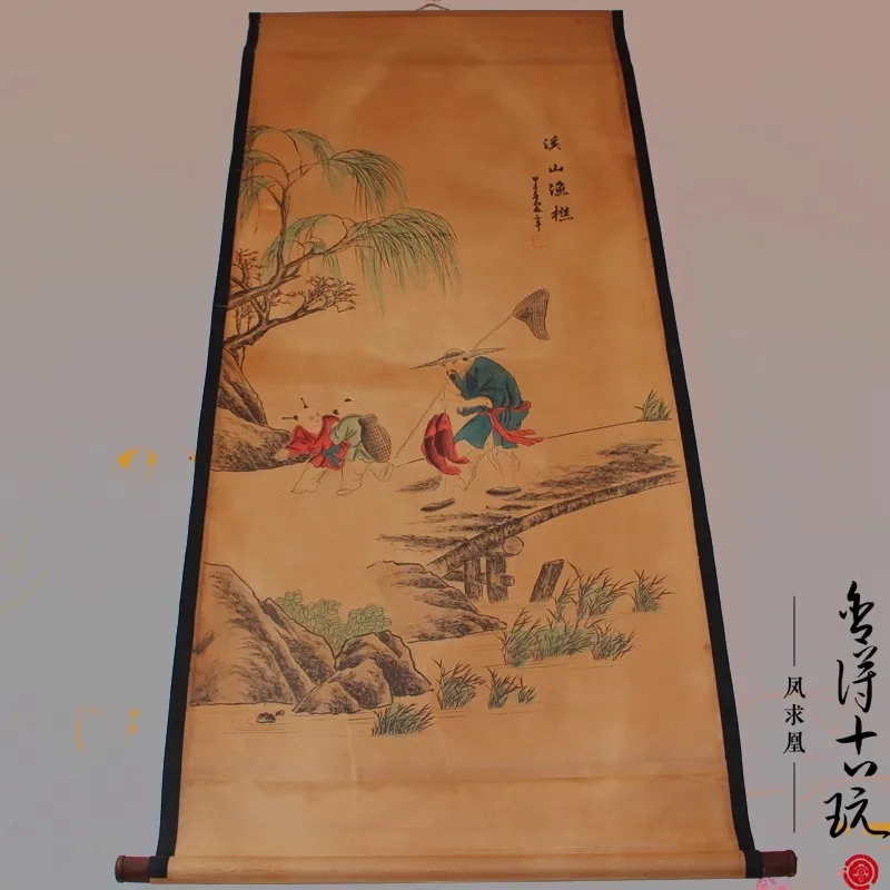 Rare Hand-painted QingDyansty Chinese vertical axis paintings,catch fish, hand drawn, free shipping