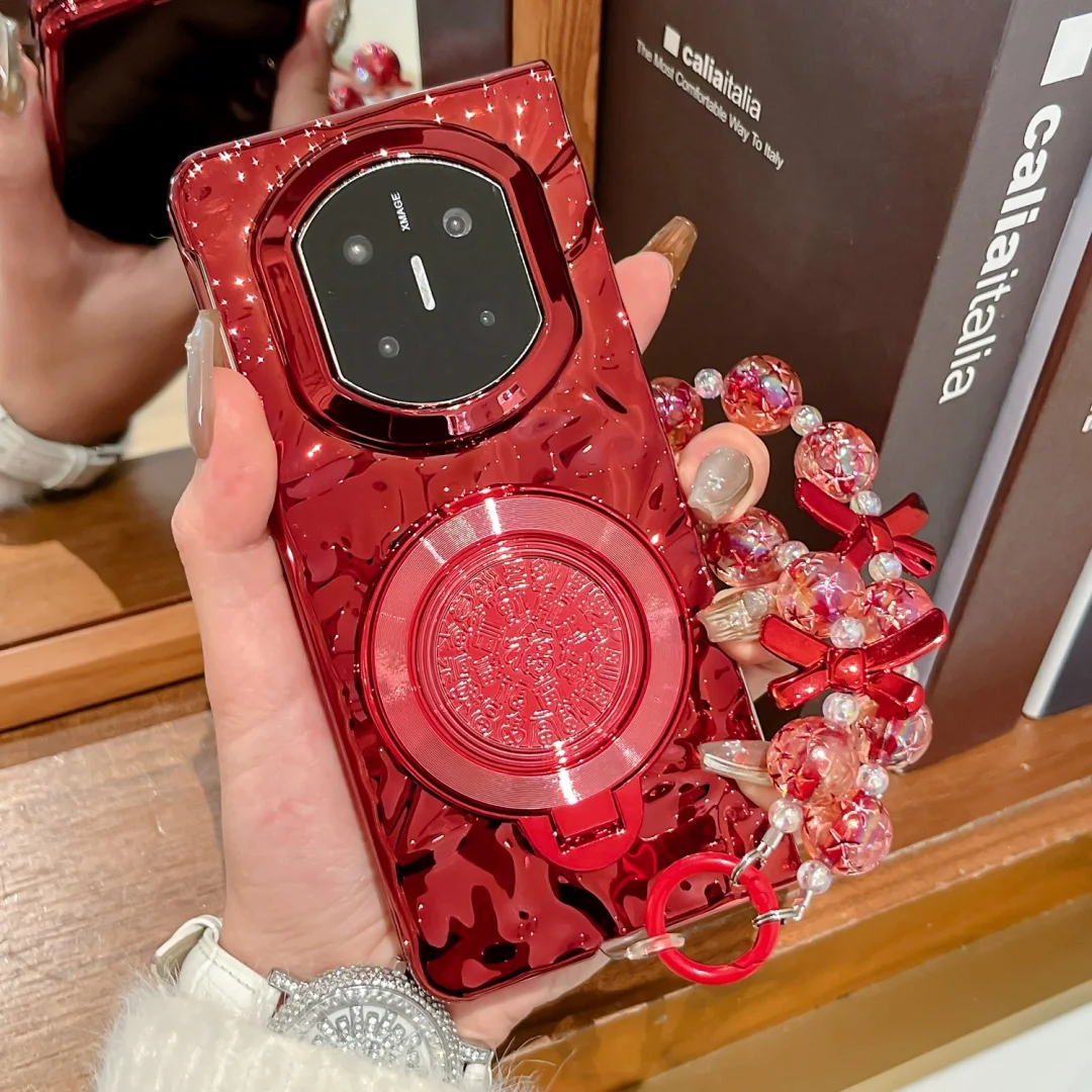 

For HUAWEI Mate X7 Case Orange red Plated Pattern Mobile Phone Cover With Btacelet and Phone Holder