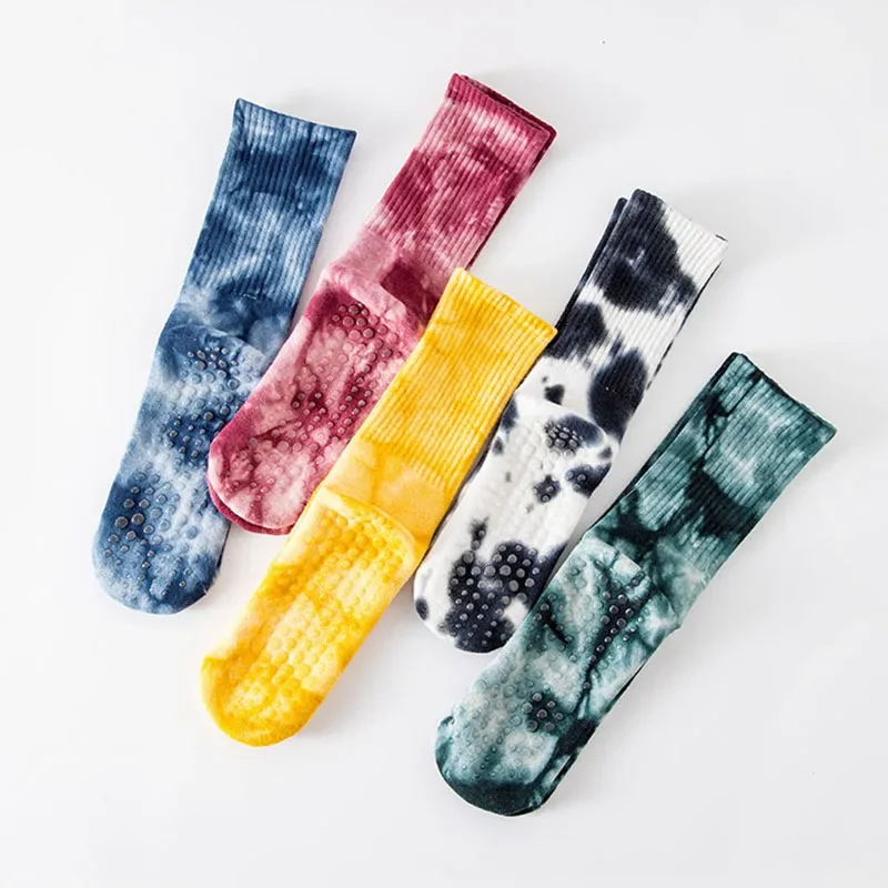 Calcetines de algodón de Yoga para mujer, toalla Tie-dye, silicona, antideslizante, agarre de Pilates, calcetín de tripulación