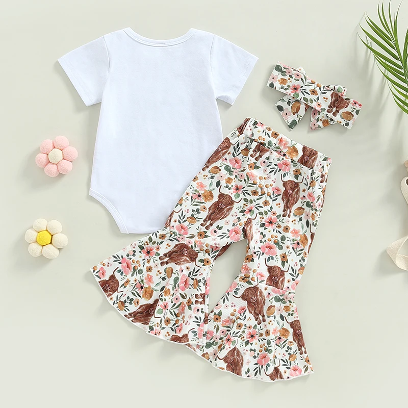 3Pcs Baby Girl Spring Outfits Short Sleeve Romper Floral Cow Print Flare Pants Headband Set