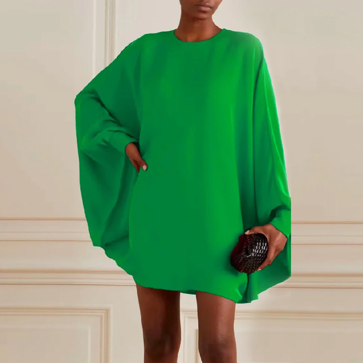 Uoozee Autumn Fashion Female Green Dress Loose Simple Long Batwing Sleeves Solid Color Round-Neck Mini Dresses For Women 2024